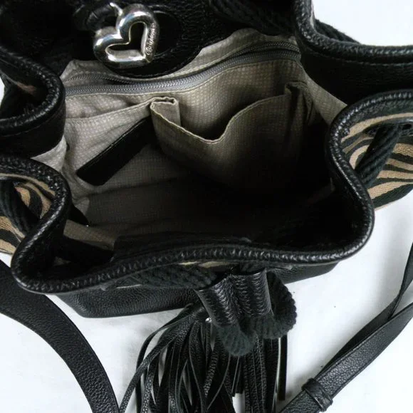 RARE Brighton Alder Black & Taupe Striped Leather Tassel Shoulder Crossbody Bag - Picture 10 of 10